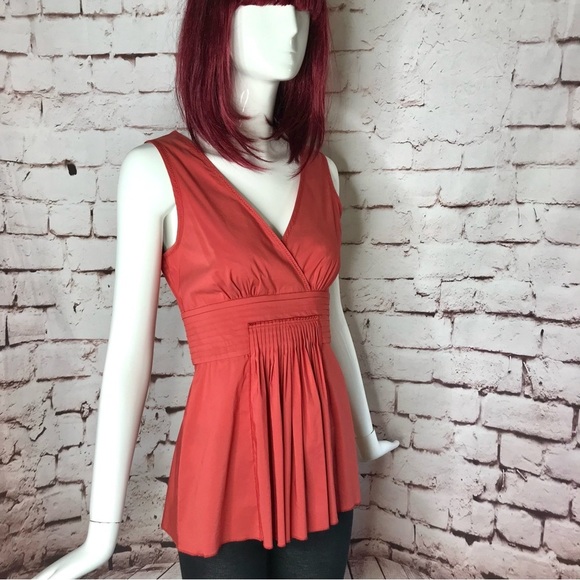 BCBGMAXAzria XS Coral Pleated Faux Wrap V-Neck Empire Waist Peplum Cotton Top XS - Picture 4 of 16